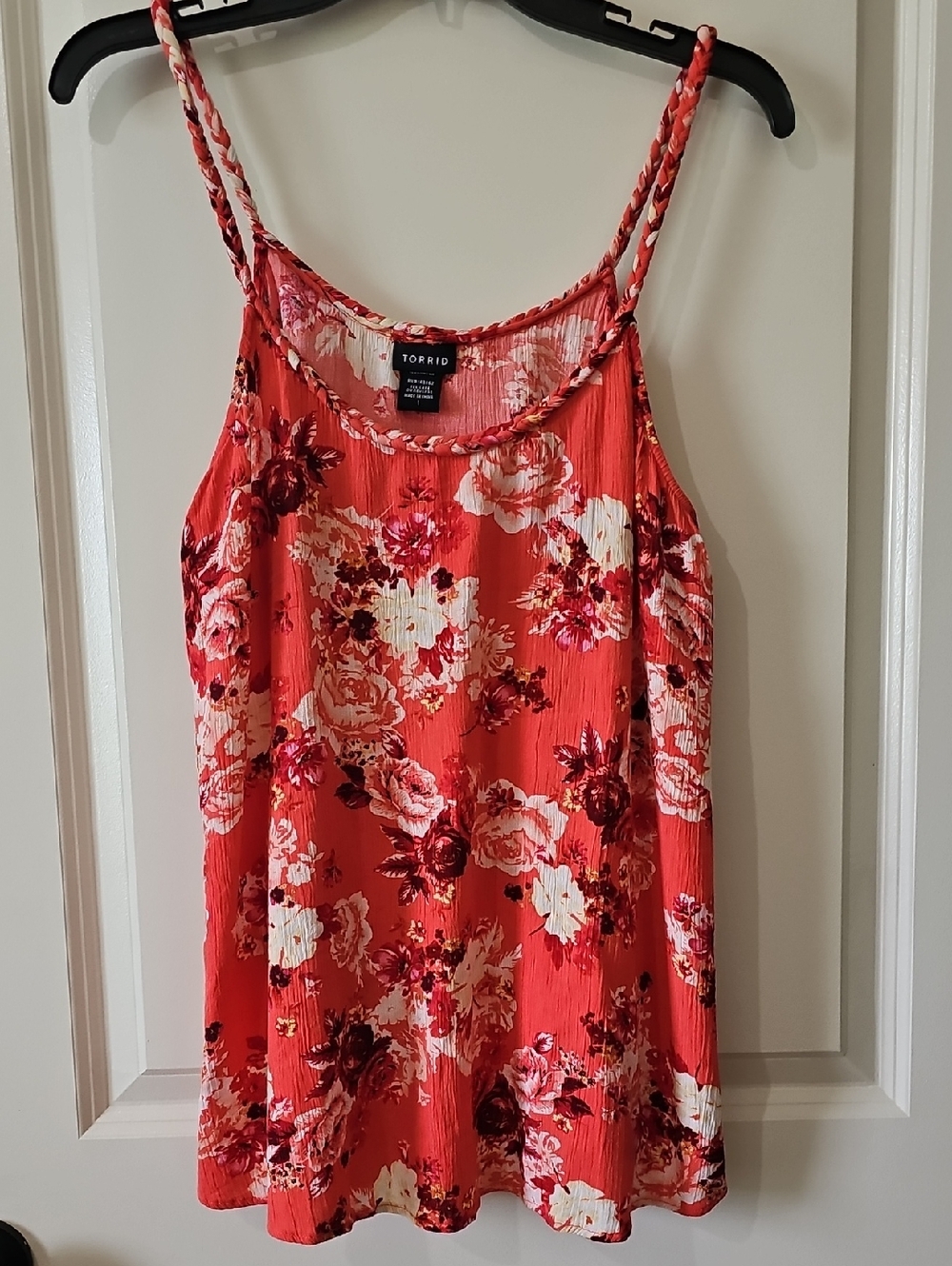 Torrid Vibrant Coral Floral Braided-Strap Crepe Tank Top